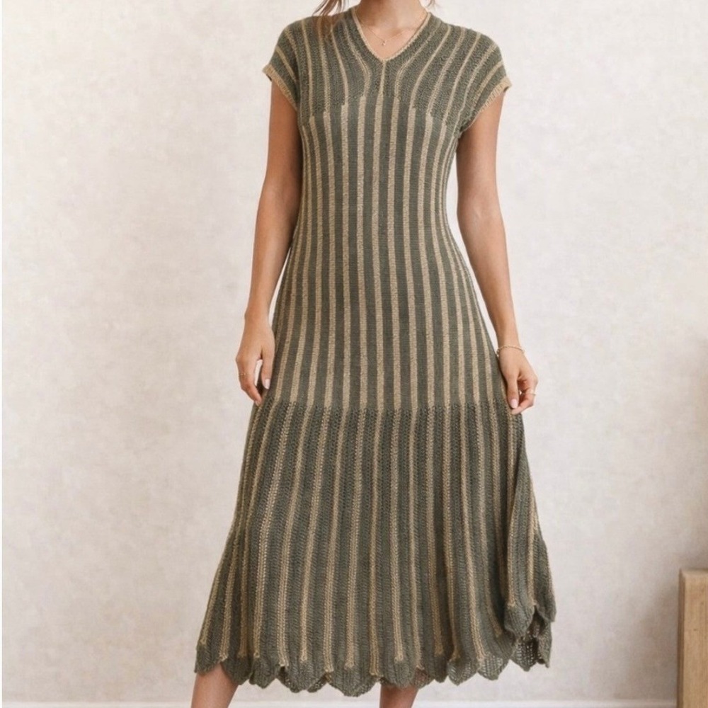Floris Made in Italy Green Metallic Striped Knit V-Neck Maxi Dress S/M